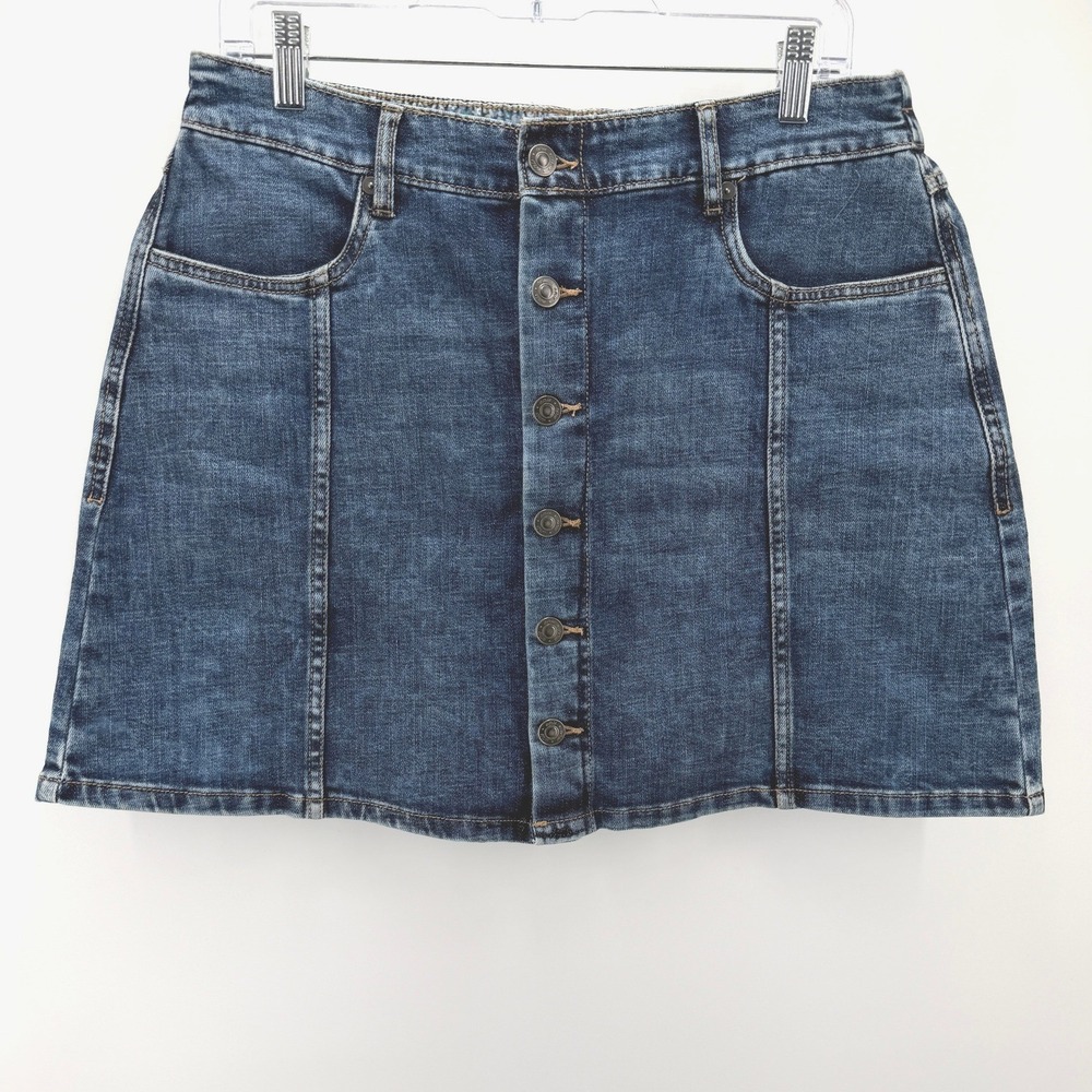 Aerie Denim Mini Skirt Blue Button Front A Line Elastic Waist Y2K 90s Women L